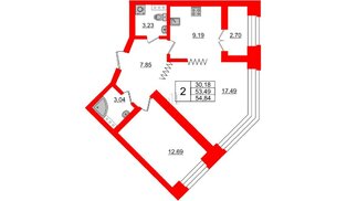 Квартира в ЖК 'Новое Купчино', 2 комнатная, 54.84 м², 5 этаж