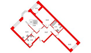 Квартира в ЖК 'Новое Купчино', 3 комнатная, 90.83 м², 13 этаж