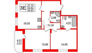 Квартира в ЖК Энфилд, 2 комнатная, 65.83 м², 6 этаж