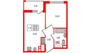 Квартира в ЖК 'Pulse Premier', 1 комнатная, 33.42 м², 19 этаж