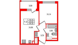 Квартира в ЖК 'Pulse Premier', 1 комнатная, 32.52 м², 15 этаж