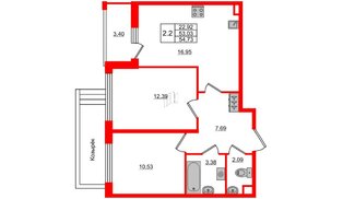 Квартира в ЖК 'Pulse Premier', 2 комнатная, 53.03 м², 1 этаж