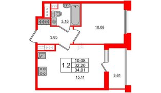 Квартира в ЖК Панорама парк Сосновка, 1 комнатная, 32.2 м², 10 этаж