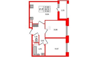 Квартира в ЖК Панорама парк Сосновка, 2 комнатная, 49.74 м², 5 этаж