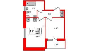 Квартира в ЖК Панорама парк Сосновка, 1 комнатная, 36.89 м², 1 этаж