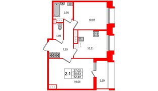 Квартира в ЖК Панорама парк Сосновка, 2 комнатная, 50.63 м², 12 этаж