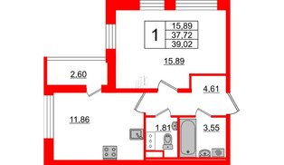 Квартира в ЖК Cube, 1 комнатная, 39.02 м², 12 этаж