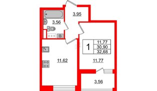 Квартира в ЖК Cube, 1 комнатная, 32.68 м², 8 этаж