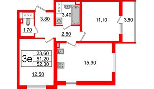 Квартира в ЖК 'Цивилизация', 2 комнатная, 52.4 м², 11 этаж
