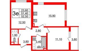 Квартира в ЖК 'Цивилизация', 2 комнатная, 53 м², 17 этаж