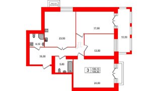 Квартира в ЖК Листва, 3 комнатная, 108.87 м², 6 этаж
