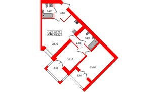 Квартира в ЖК Листва, 2 комнатная, 69.36 м², 12 этаж