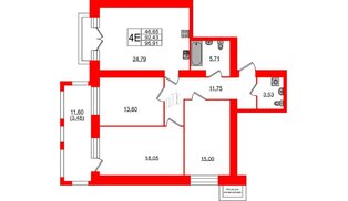 Квартира в ЖК Листва, 3 комнатная, 95.91 м², 6 этаж