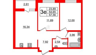 Квартира в ЖК ЦДС Новосаратовка «Город первых», 2 комнатная, 54.65 м², 2 этаж