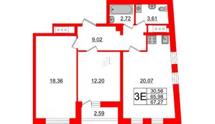 Квартира в ЖК Морская набережная 2, 2 комнатная, 67.27 м², 13 этаж