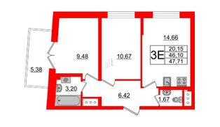 Квартира в ЖК Морская набережная 2, 2 комнатная, 47.71 м², 16 этаж