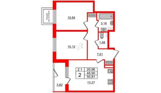 Квартира в ЖК 'Парадный ансамбль', 2 комнатная, 48.9 м², 1 этаж