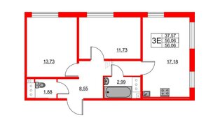 Квартира в ЖК 'Морская миля', 2 комнатная, 56.06 м², 13 этаж