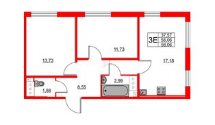 Квартира в ЖК 'Морская миля', 2 комнатная, 56.06 м², 24 этаж