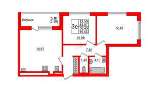 Квартира в ЖК Стерео-4, 2 комнатная, 56.45 м², 7 этаж