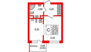 Квартира в ЖК Стерео-4, студия, 24.79 м², 1 этаж