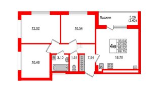 Квартира в ЖК Стерео-4, 3 комнатная, 66.52 м², 2 этаж