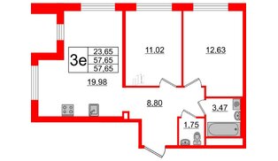 Квартира в ЖК ЦДС Мурино Space, 2 комнатная, 57.65 м², 1 этаж