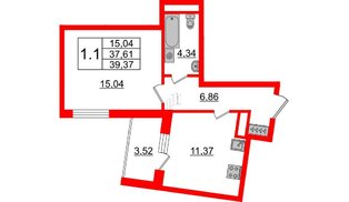 Квартира в ЖК Зеленый квартал на Пулковских высотах, 1 комнатная, 37.61 м², 3 этаж