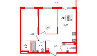 Квартира в ЖК Дом на Васильевском, 2 комнатная, 65.29 м², 12 этаж