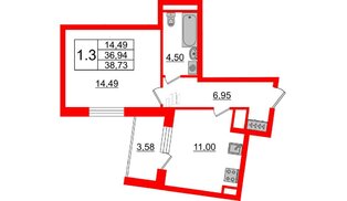 Квартира в ЖК Зеленый квартал на Пулковских высотах, 1 комнатная, 36.94 м², 4 этаж