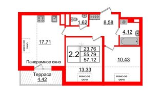 Квартира в ЖК Зеленый квартал на Пулковских высотах, 2 комнатная, 55.79 м², 5 этаж