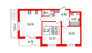 Квартира в ЖК Зеленый квартал на Пулковских высотах, 2 комнатная, 56.12 м², 1 этаж
