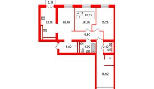 Квартира в ЖК «Аура», 4 комнатная, 88.1 м², 3 этаж