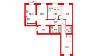 Квартира в ЖК «Аура», 4 комнатная, 89.4 м², 5 этаж