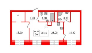 Квартира в ЖК «Аура», 2 комнатная, 66.4 м², 6 этаж