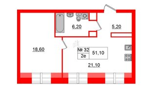 Квартира в ЖК «Аура», 1 комнатная, 51.1 м², 6 этаж