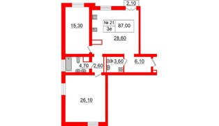 Квартира в ЖК «Аура», 2 комнатная, 86.5 м², 4 этаж