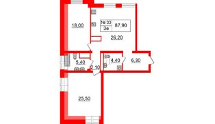 Квартира в ЖК «Аура», 2 комнатная, 87.9 м², 6 этаж