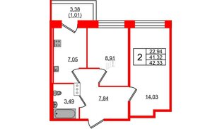 Квартира в ЖК Удача, 2 комнатная, 42.33 м², 3 этаж