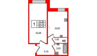 Квартира в ЖК Удача, 1 комнатная, 35.74 м², 1 этаж
