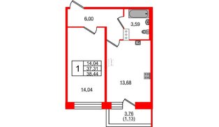 Квартира в ЖК Удача, 1 комнатная, 38.44 м², 3 этаж