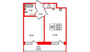 Квартира в ЖК Удача, 1 комнатная, 46.84 м², 5 этаж
