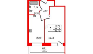Квартира в ЖК Удача, 1 комнатная, 36.75 м², 11 этаж