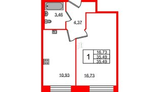 Квартира в ЖК Удача, 1 комнатная, 35.49 м², 1 этаж