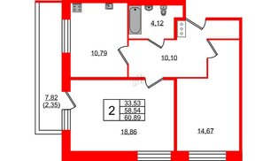 Квартира в ЖК Удача, 2 комнатная, 60.89 м², 12 этаж