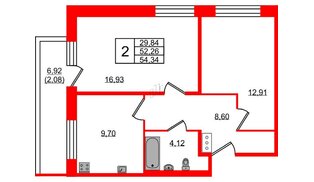 Квартира в ЖК Удача, 2 комнатная, 54.34 м², 5 этаж