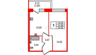 Квартира в ЖК Удача, 1 комнатная, 32.92 м², 1 этаж