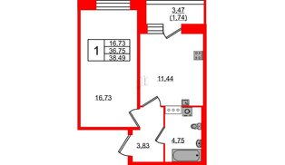 Квартира в ЖК Удача, 1 комнатная, 38.49 м², 3 этаж