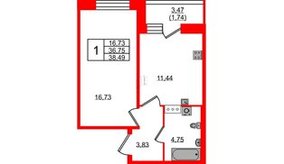 Квартира в ЖК Удача, 1 комнатная, 38.4 м², 8 этаж