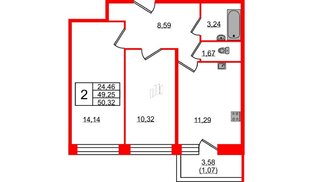 Квартира в ЖК Удача, 2 комнатная, 50.32 м², 1 этаж